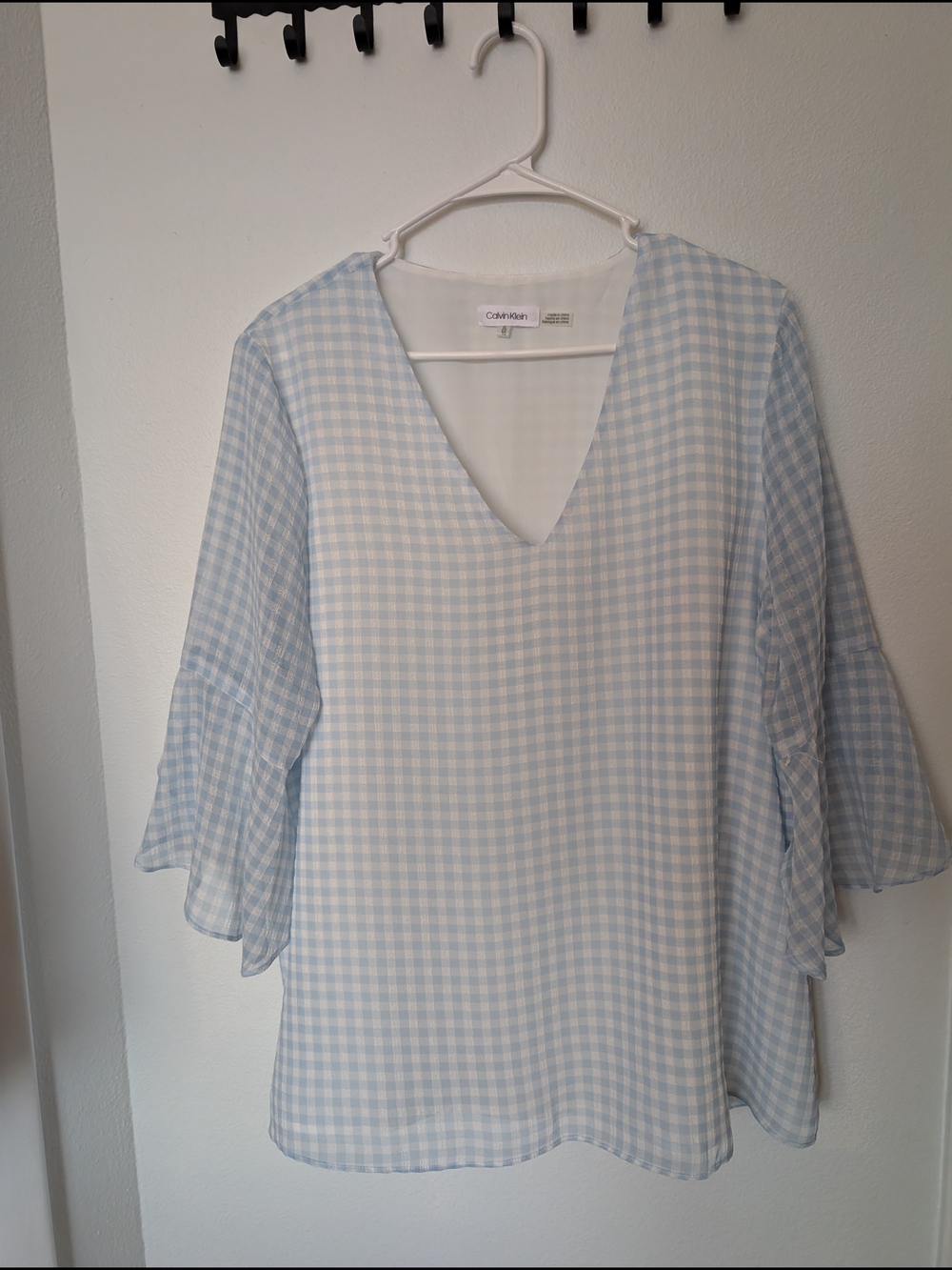 Calvin Klein Pale Blue Gingham V-Neck Blouse